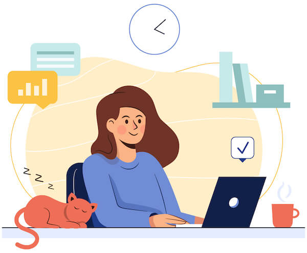 Illustratie van vrouw die achter een laptop zit met een rode kat naast zich op het bureau.