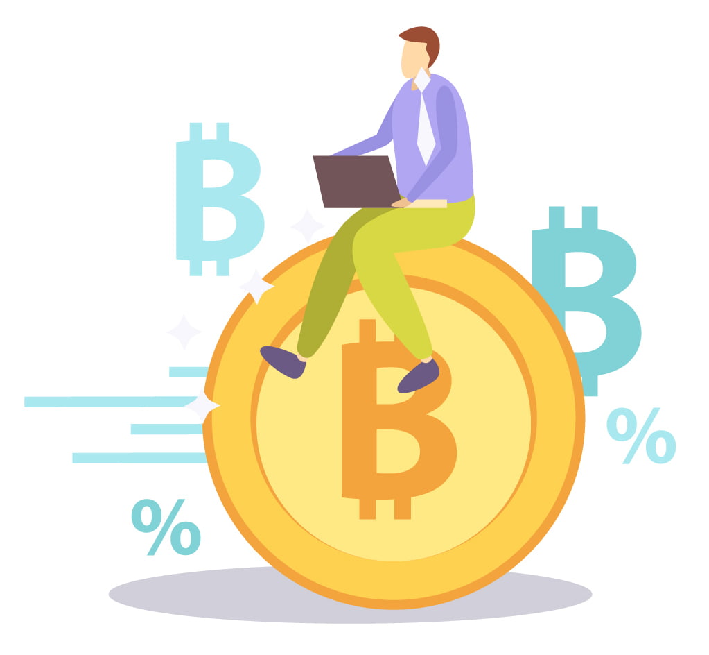 Illustratie van man die op een grote Bitcoin munt zit met een laptop op schoot