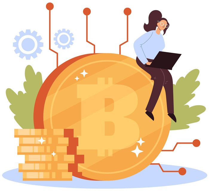 Illustratie van vrouw die zit op een bitcoin munt met een laptop op schoot